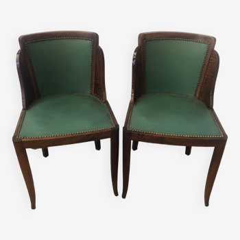 Paire de chaises anciennes gondole bois et cuir vert