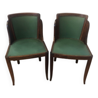 Pair of old wood and green leather gondola chairs