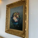 Tableau Ancien Fleur Cadre Doré XIX Huile Toile