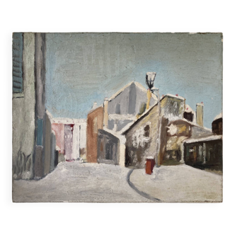 Tableau dans le goût d’Utrillo représentant la maison de Mimi Pinson à Montmartre (Paris)