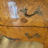 Louis xv style curved chest of drawers in marquetry with marble and embroidered floral decor