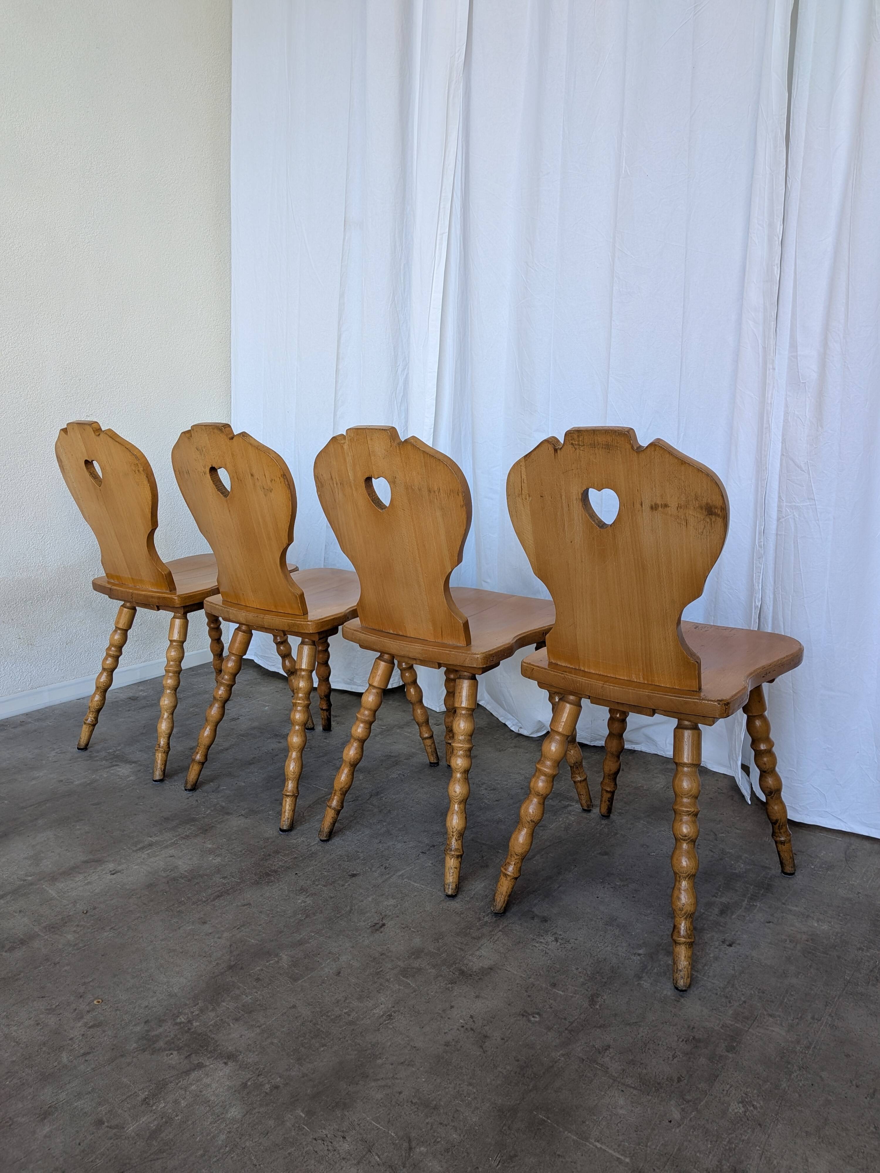 Set of 4 Vintage Tyrolean Heart Cutout Wooden Dining Chairs