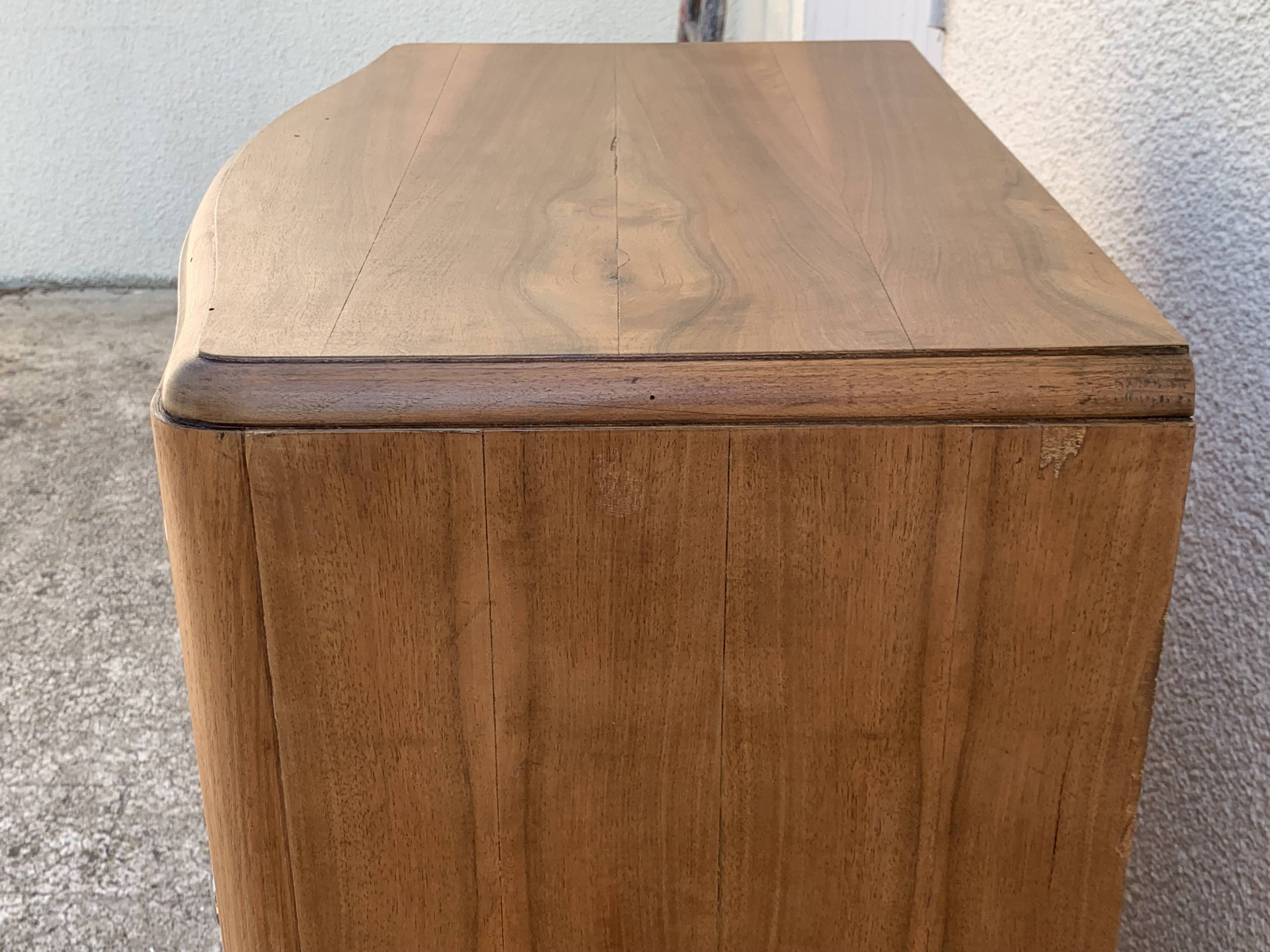 High art deco chest of drawers with mustache feet in raw walnut, 1930s