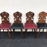 Set of 4 Alsatian chairs, wooden and skaï chair, carved wood, folk art, kitchen, living room, chalet