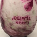 Art nouveau glass paste vase roses violines  signed andré delatte, early 20th century.