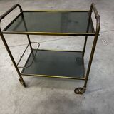 Vintage 70s serving trolley in gold metal and smoked glass