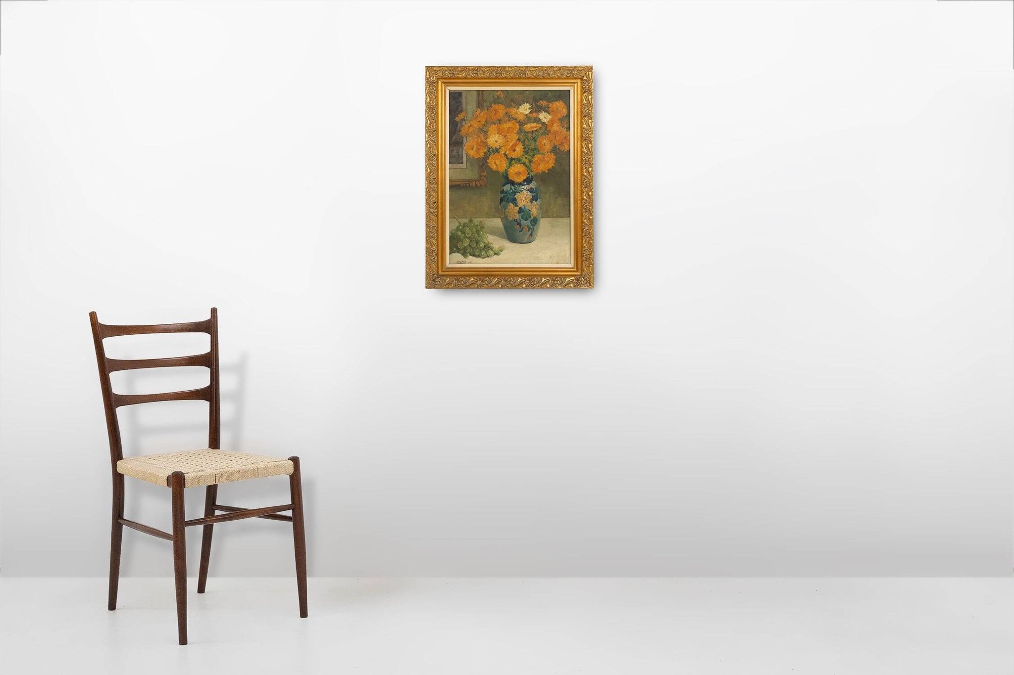 Belgian Still Life Painting by Jos Pas, 1944 — Flowers and Grapes in a Vase