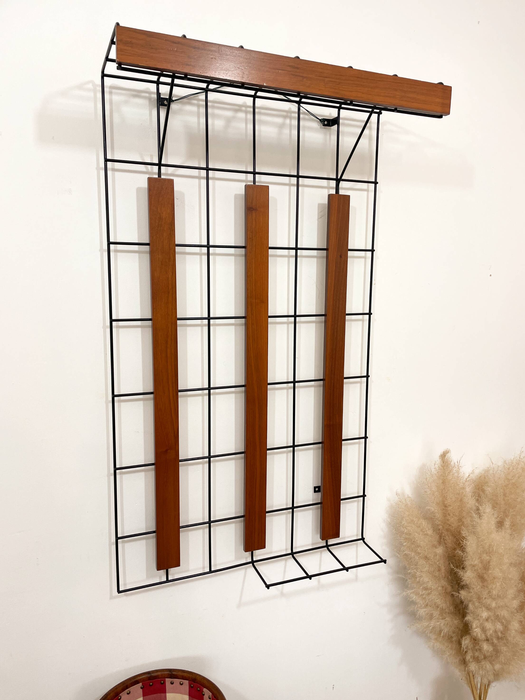 Metal and wood wall coat rack, 1950s-60s.