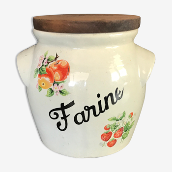 Pot à farine vintage en céramique émaillée à décor de peinture de fruit polychrome