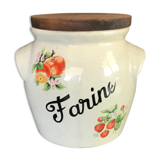 Pot à farine vintage en céramique émaillée à décor de peinture de fruit polychrome