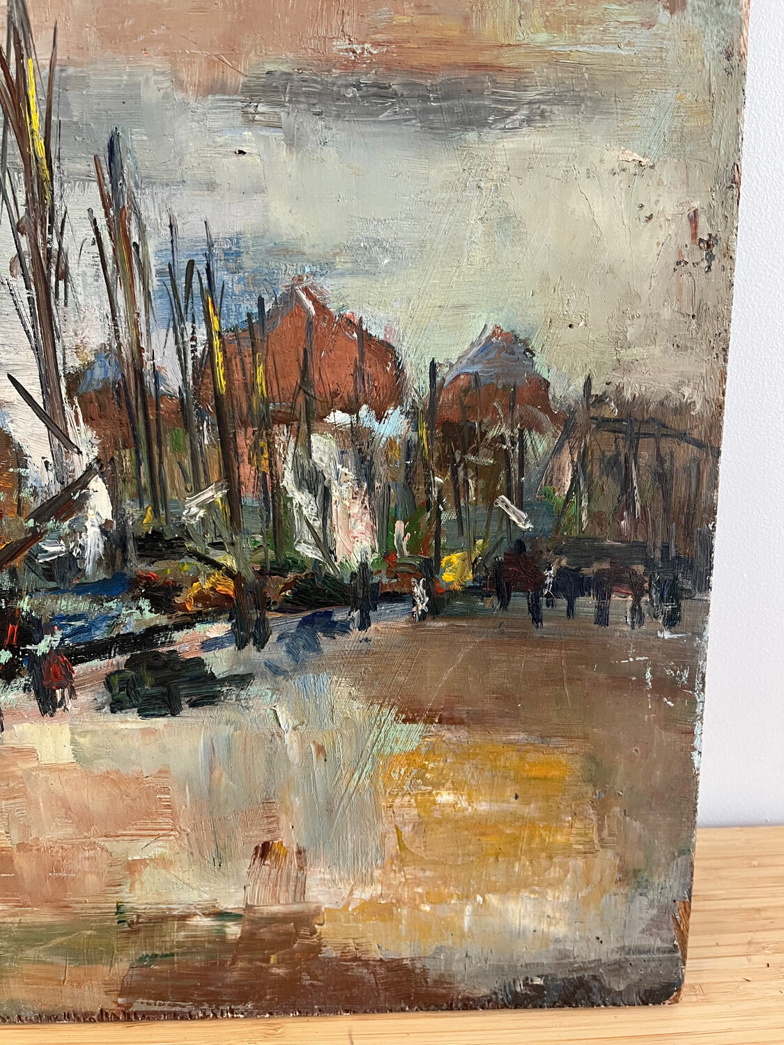 Sailboats in the harbour, oil on wood panel