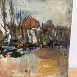 Sailboats in the harbour, oil on wood panel