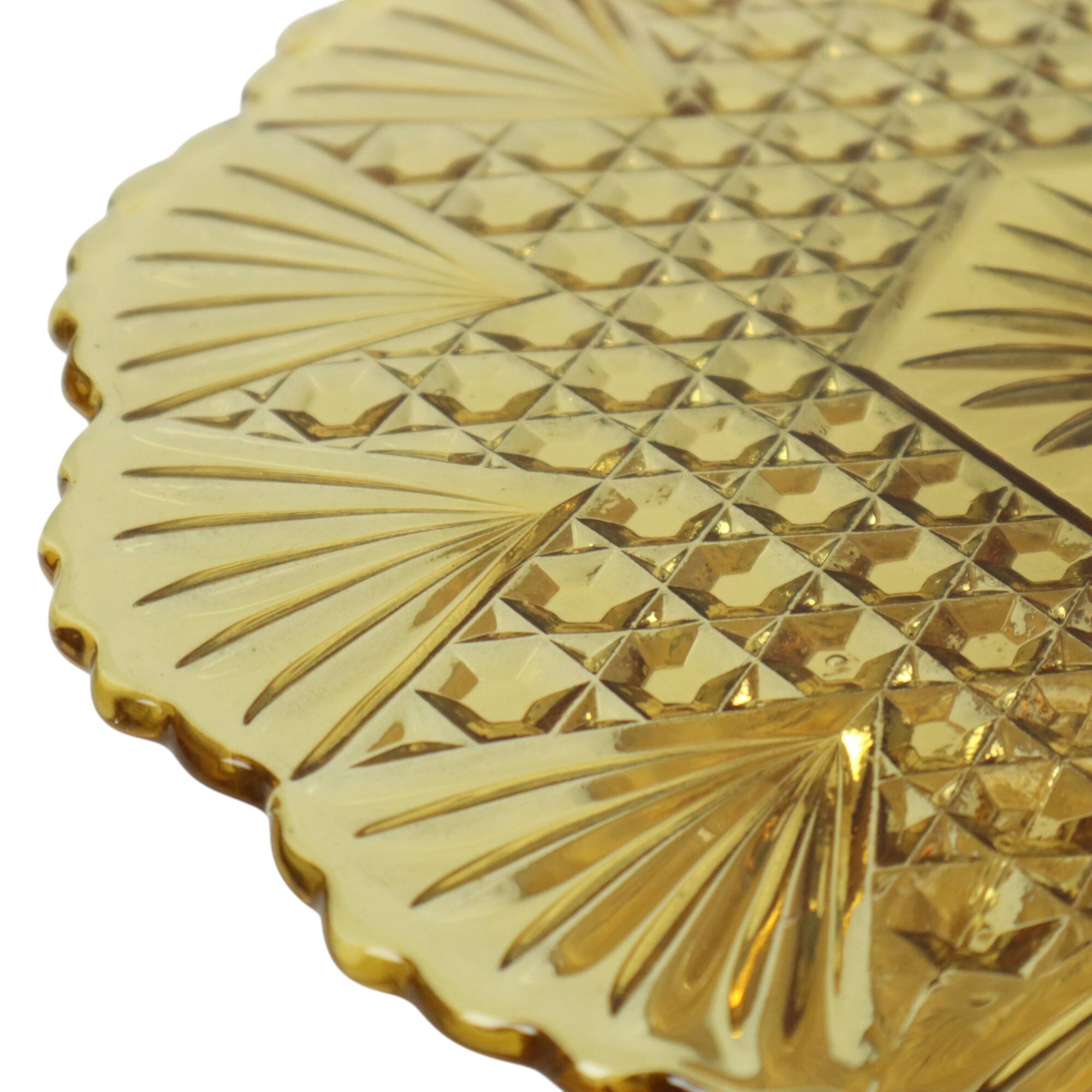 Assiette à gâteau vintage Art déco en verre pressé ambré 30 cm