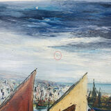 Marine painting of Géo Bory "In the port of Douarnenez"