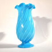 Vallerysthal antique vase in blown turquoise opaline with twisted ribs.