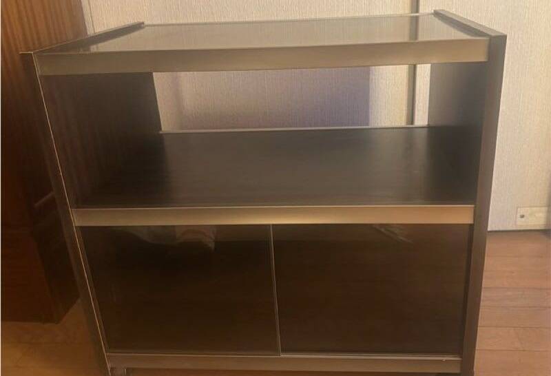 Vintage TV Hi-Fi unit on wheels, smoked glass, sliding doors.