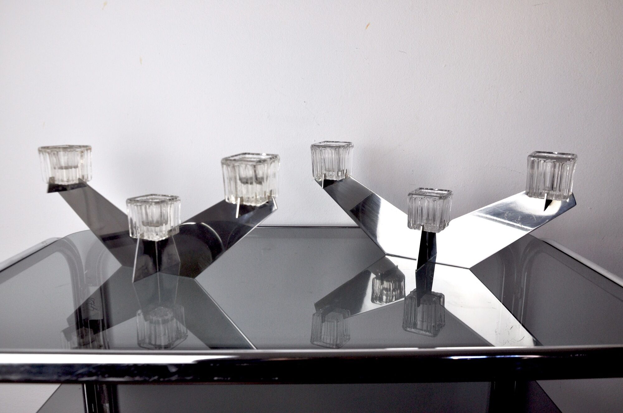 Pair of Peill & Putzler candlesticks, glass and metal, Germany, 1970