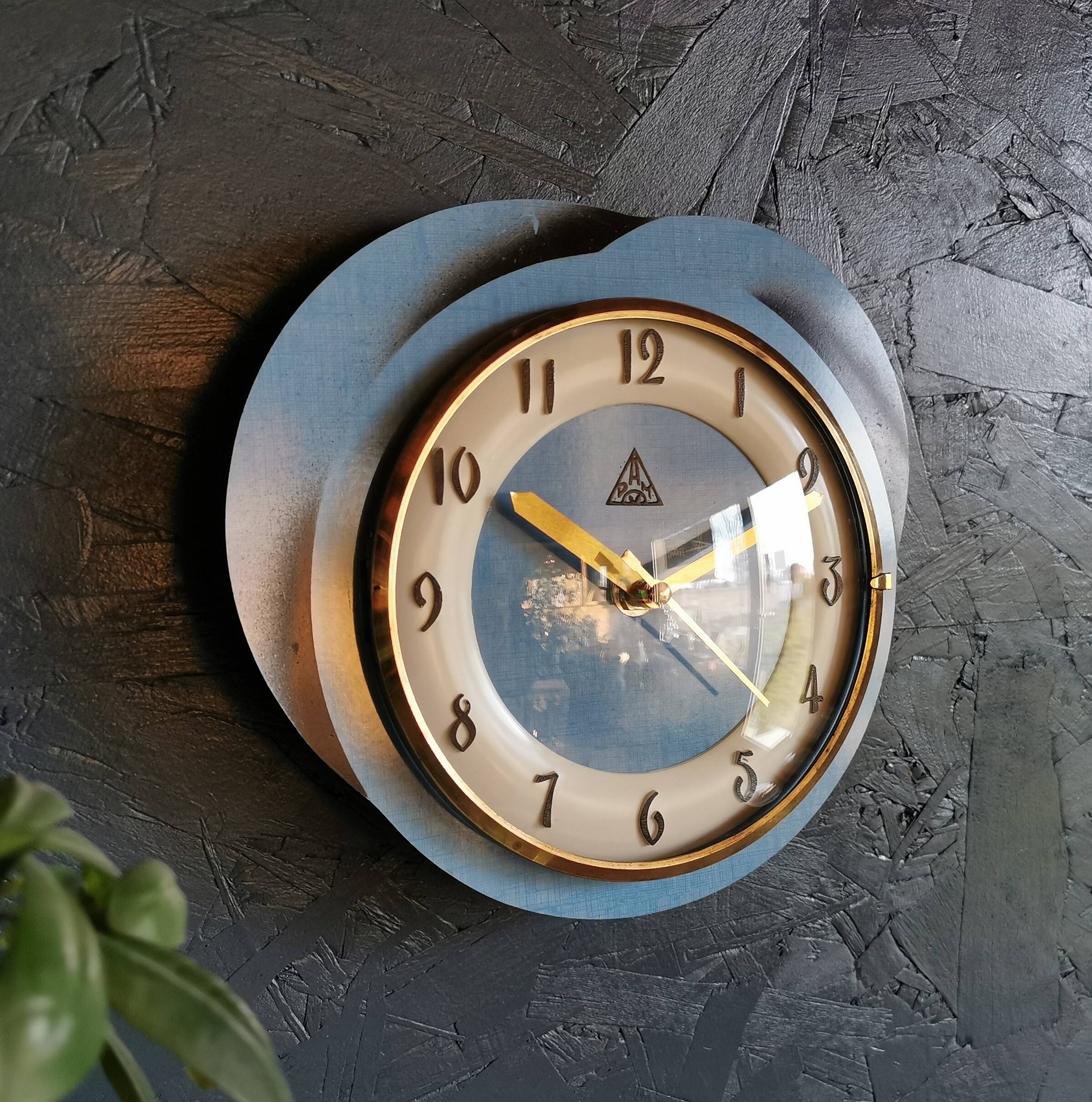 Silent vintage formica wall pendulum clock "Dam blue black"