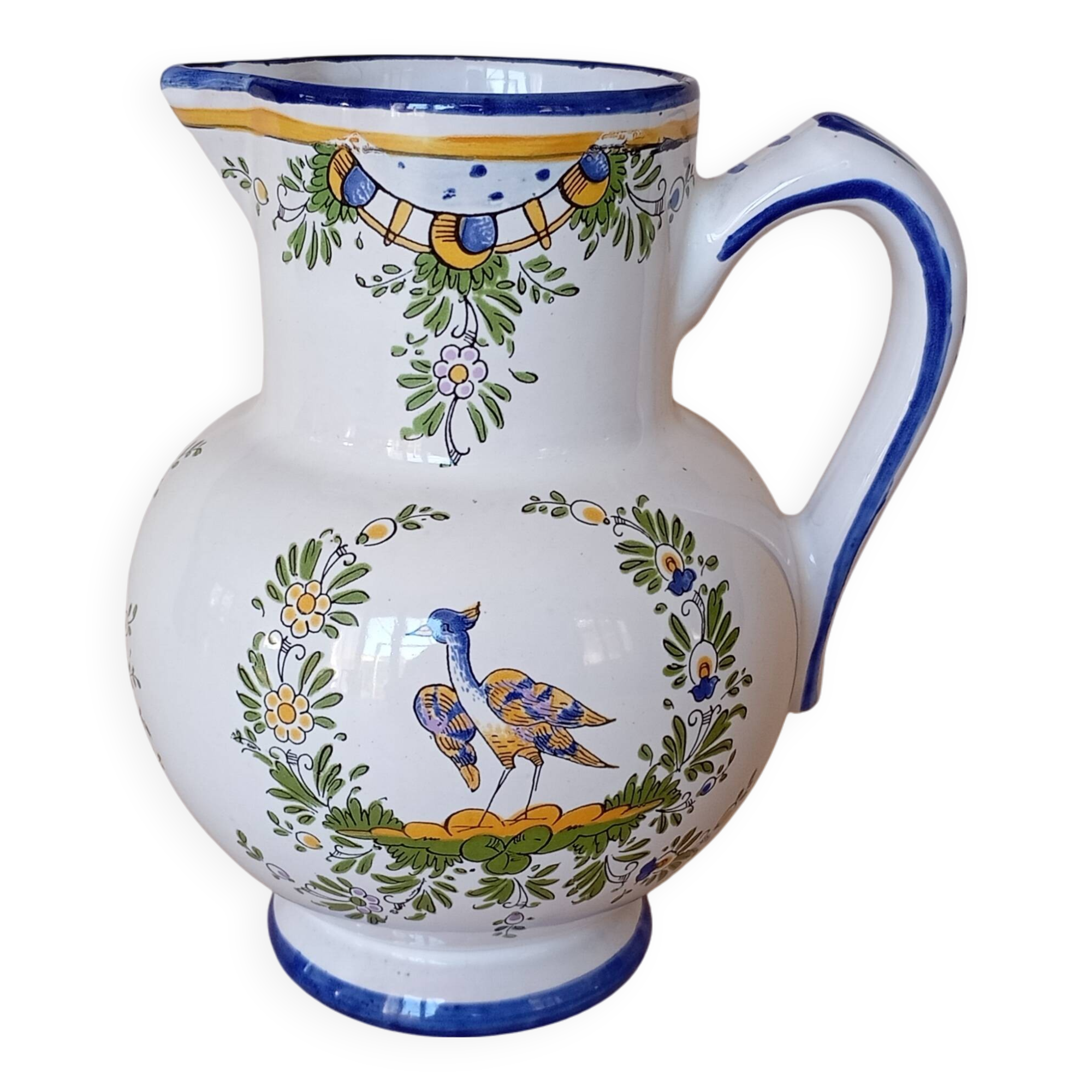 Angoulême earthenware pitcher "Le Renoleau" Moustiers decor