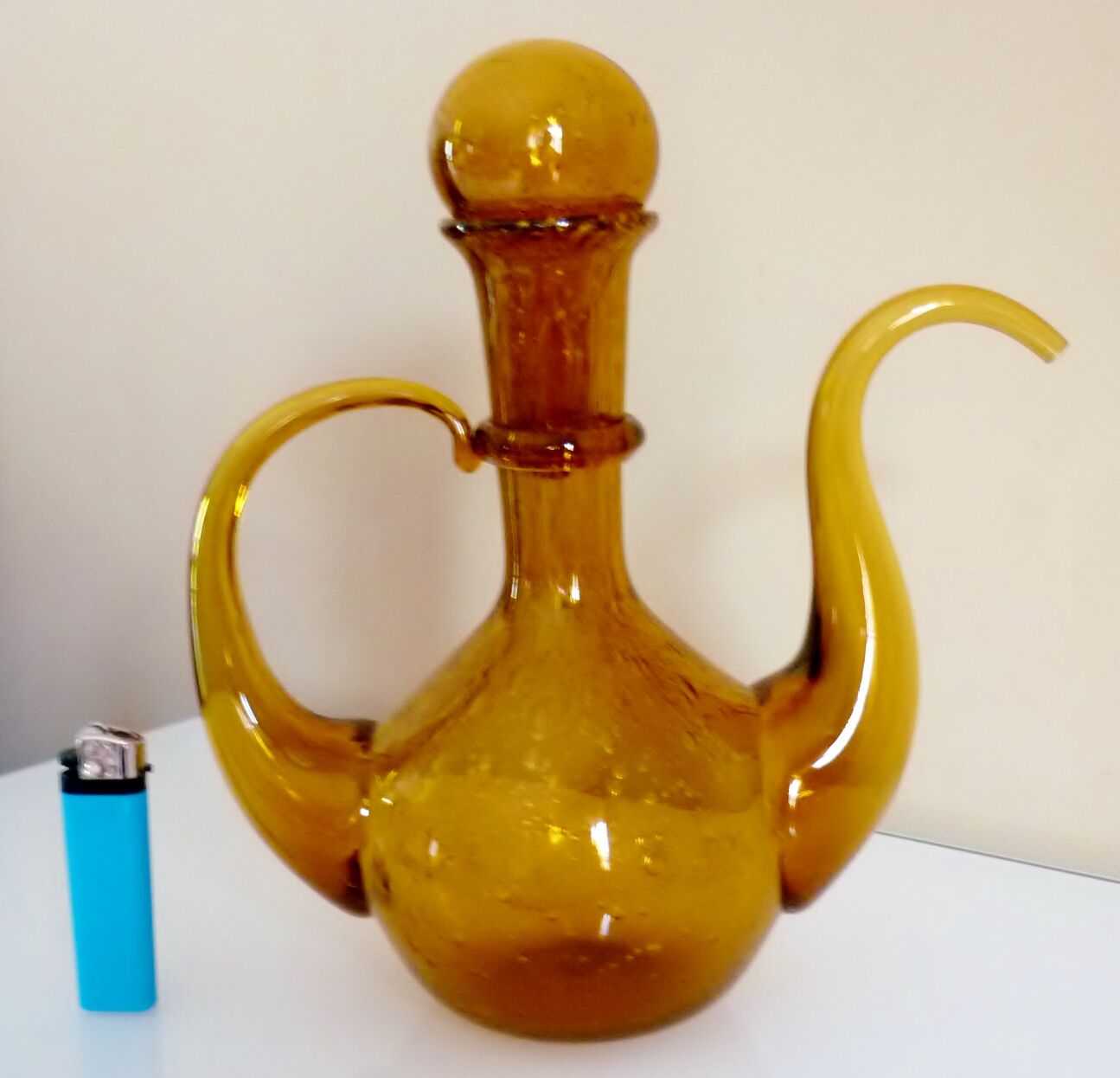 Blown glass carafe from Biot, amber, bubbled, vintage 70s