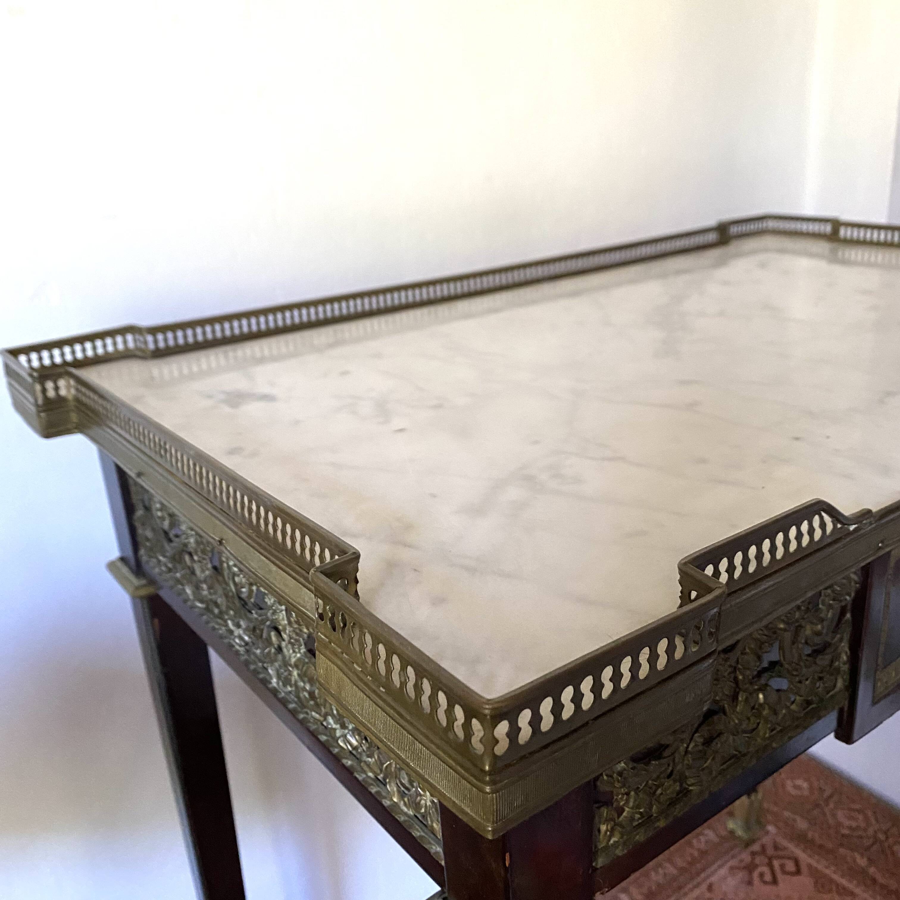Living room table, Louis XVI style desk in wood, marble and brass