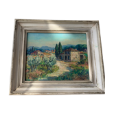 Oil painting on isorel landscape of the south mas and vintage cypress signed J. Rougick