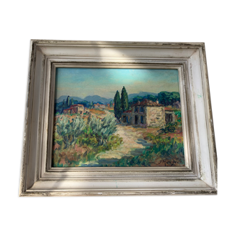 Oil painting on isorel landscape of the south mas and vintage cypress signed J. Rougick