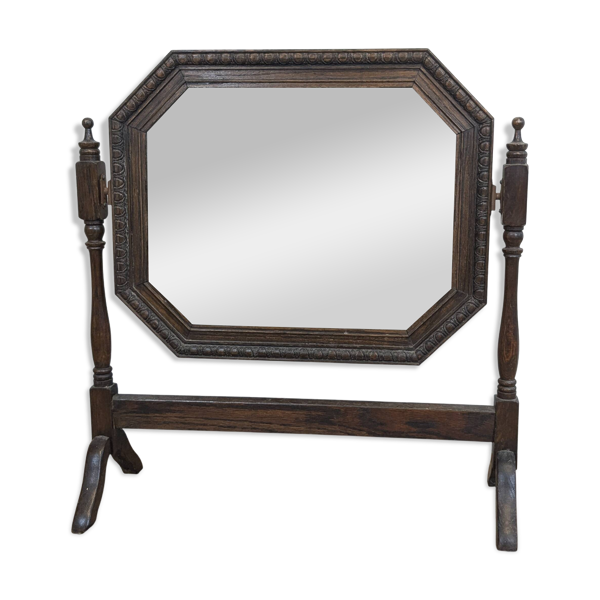Miroir de courtoisie octogonal biseauté ancien en bois sculpté