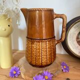 Old vintage ceramic pitcher or jug from Sarreguemines France Brown and pink interior, imitation basket