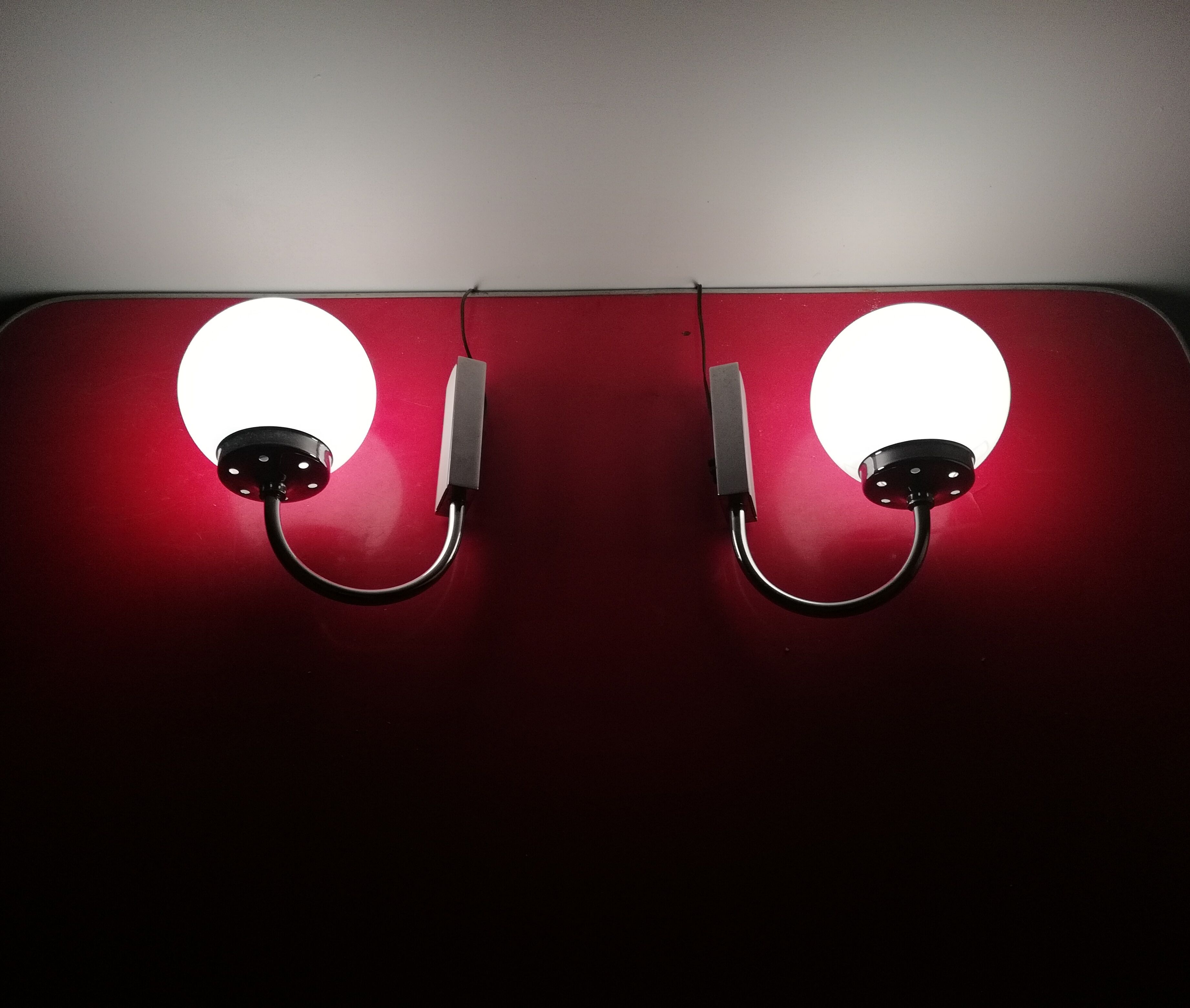 Pair of chrome and glass opaline sconces vintage 70s