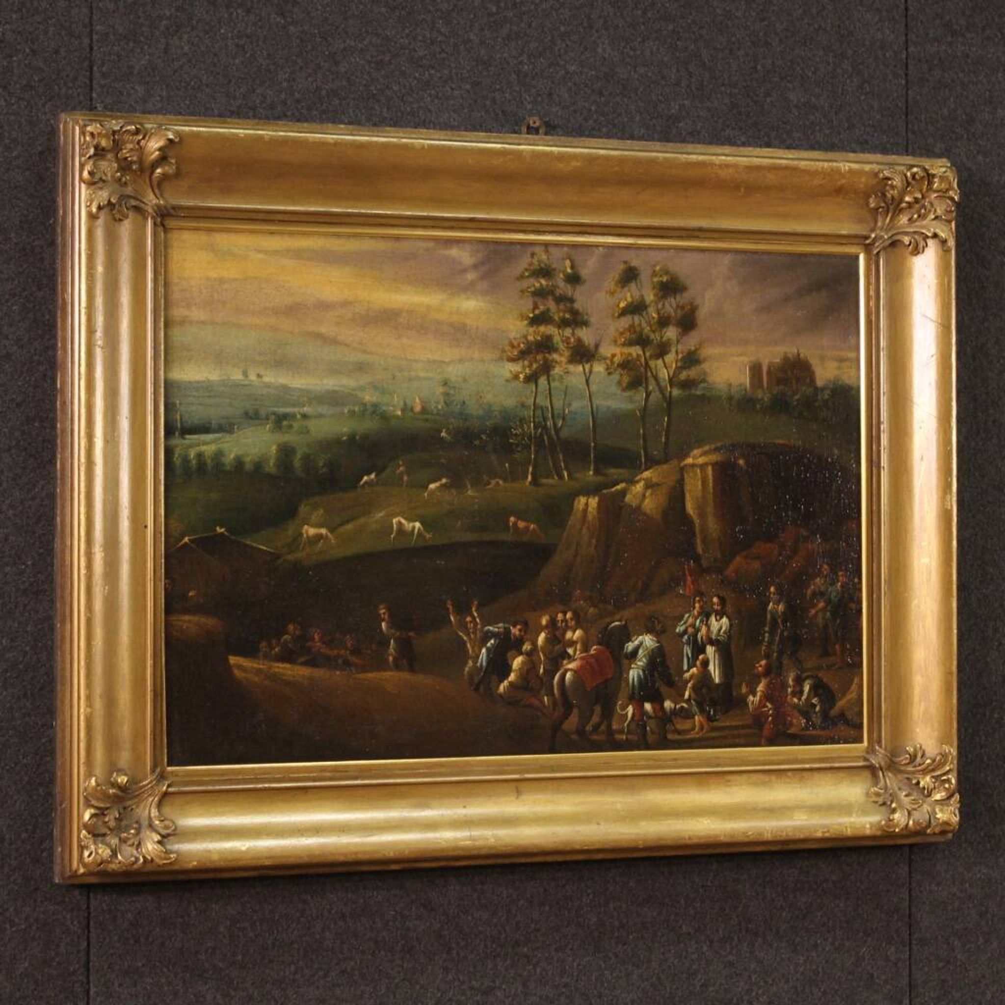 Painting oil on canvas landscape with wayfarers from the 18th century