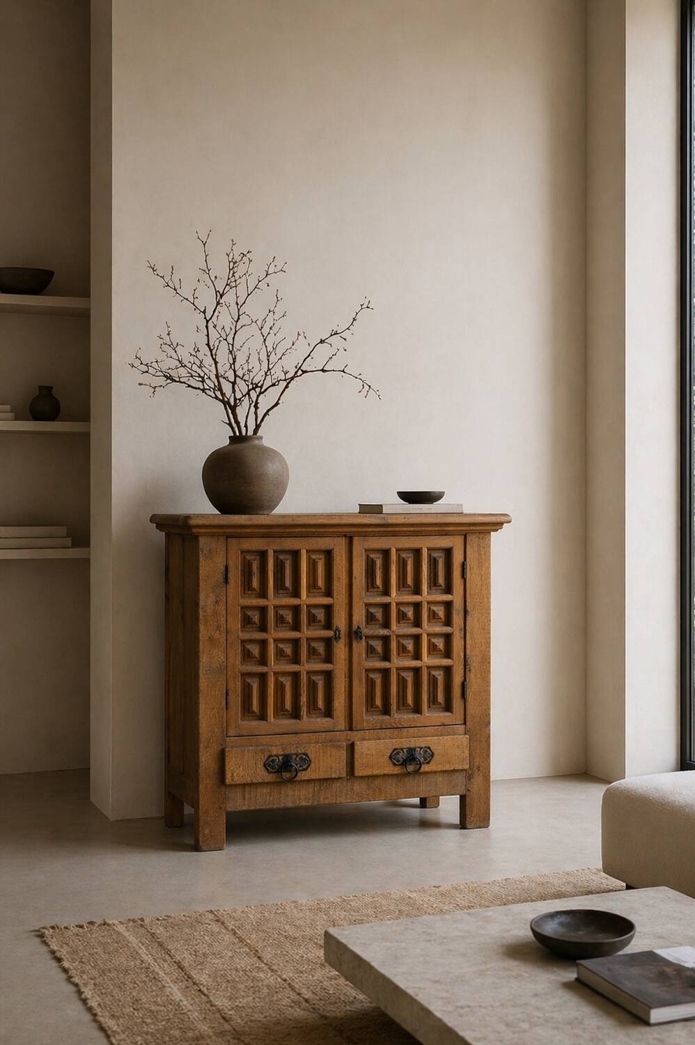 Solid oak buffet – Spanish brutalist style, 1960s