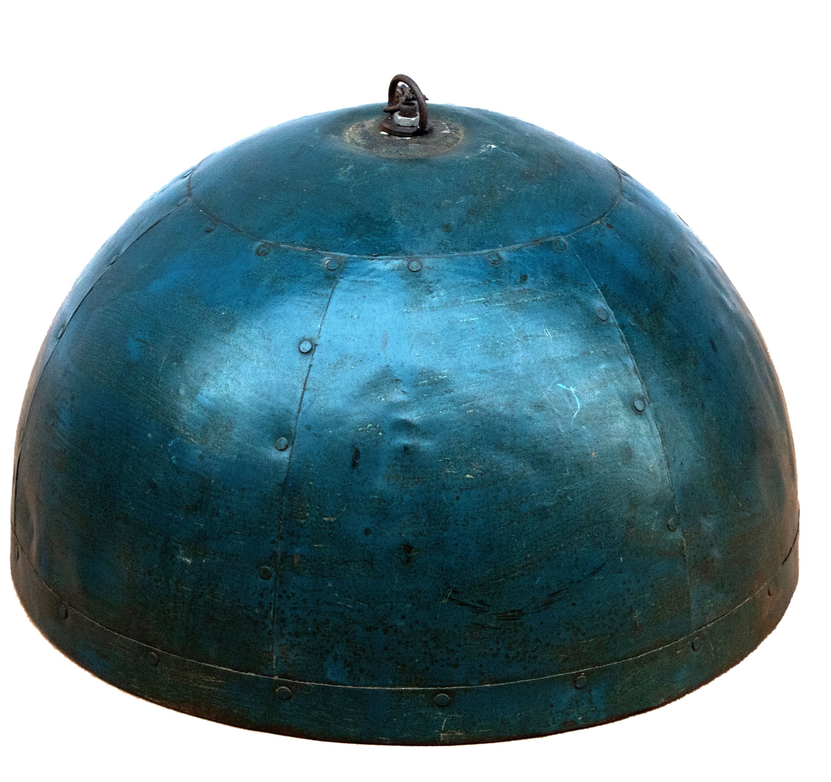 Metal hanging lamp with its original blue-green colour