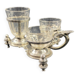 19th century silver metal and crystal mustard salt cellar holder with Louis XV shell decor