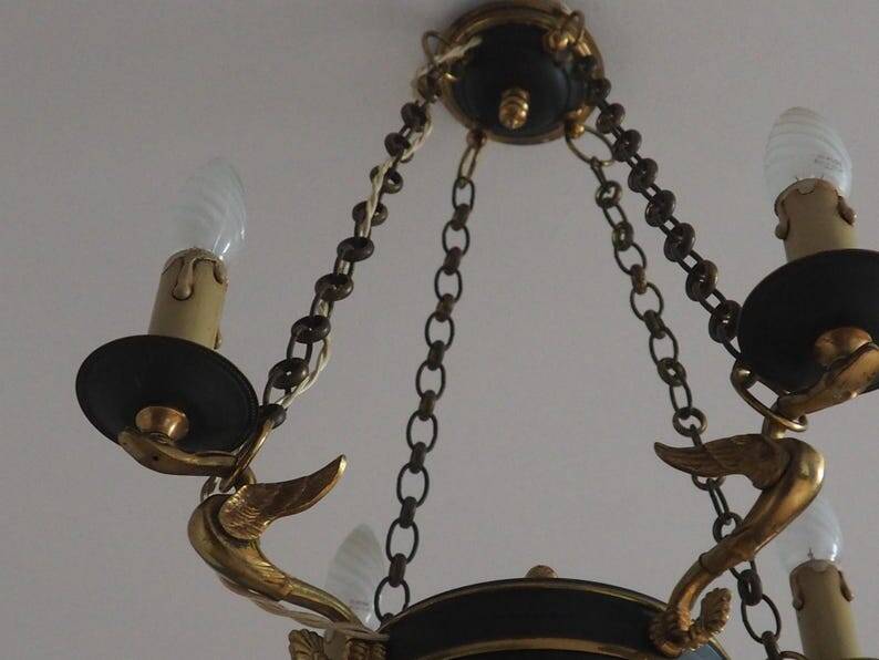 Vintage French Empire Swan Chandelier: Bronze Brass Toleware, C1950s