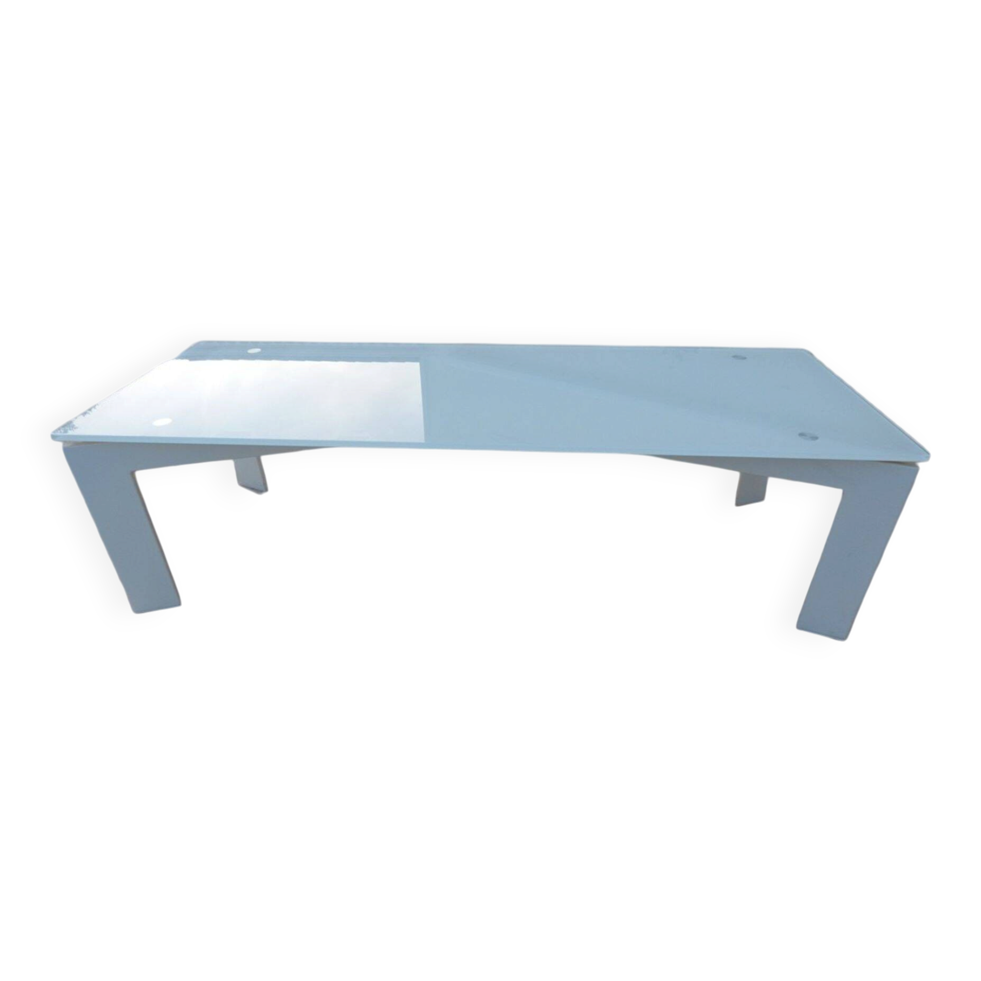 Long modern coffee table in glass and off-white metal - as new.