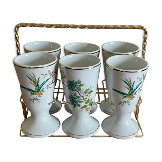 6 mazagrans in Limoges porcelain décor birds in their golden iron basket