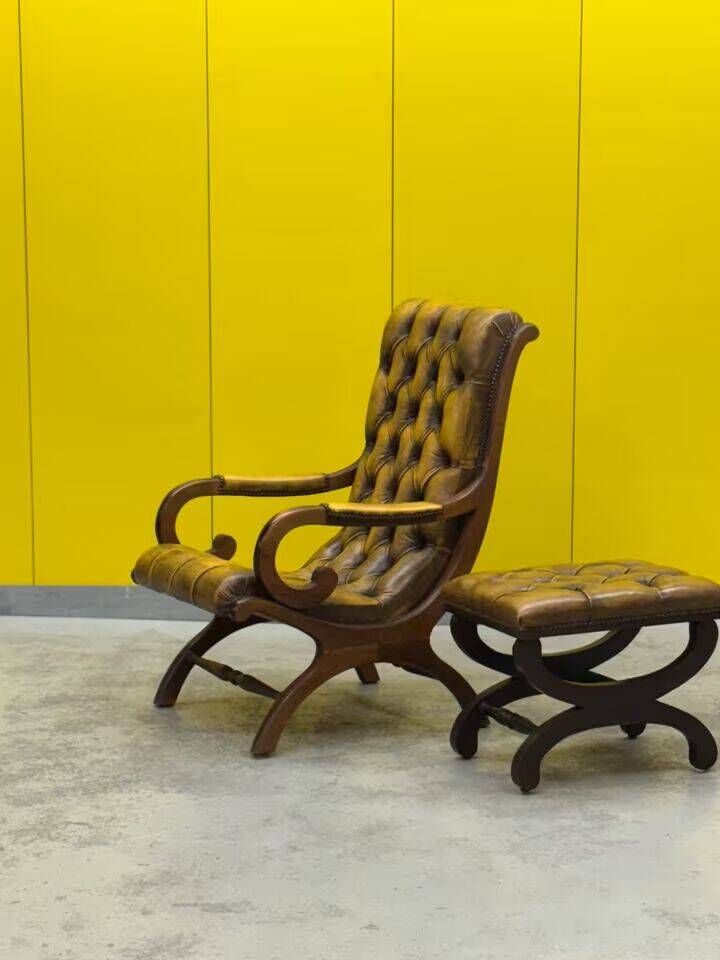 Original English Chesterfield Wingback Chair & Matching Footstool