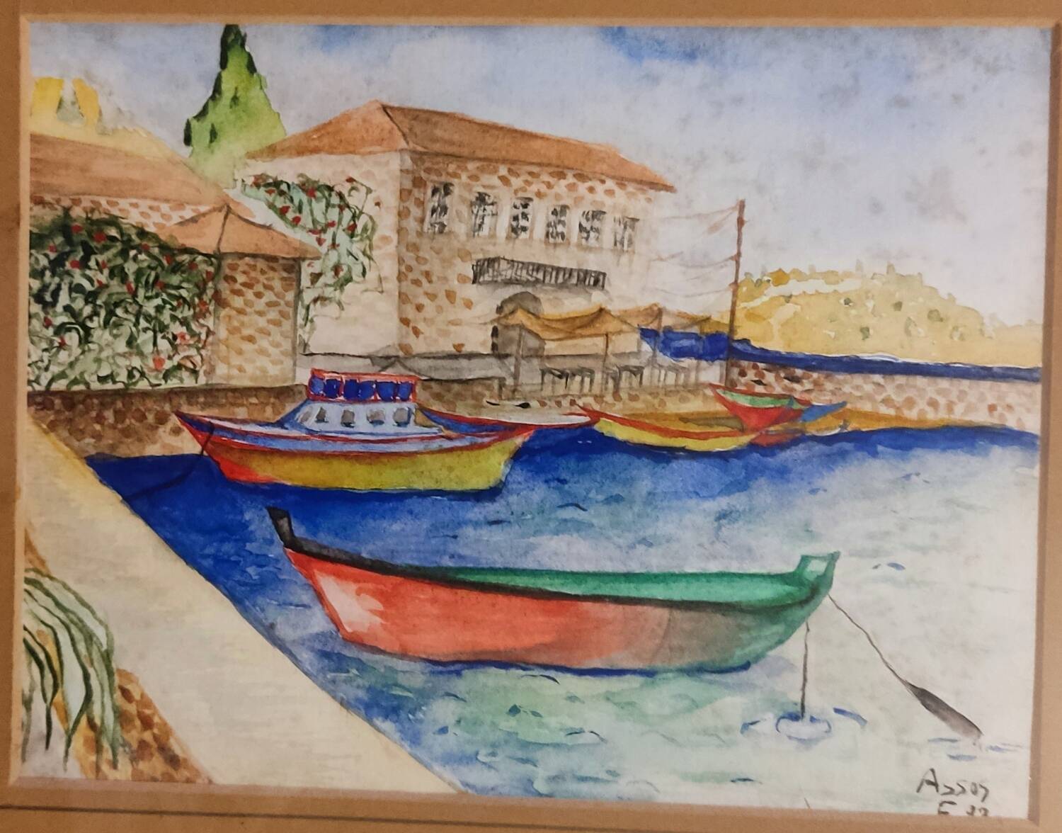 Marine painting on canvas fishing boats at the port