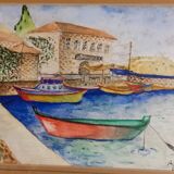 Marine painting on canvas fishing boats at the port