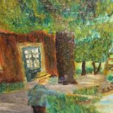 Peinture ancienne signée et datée, paysage animé, peinture à l’huile sur panneau de bois