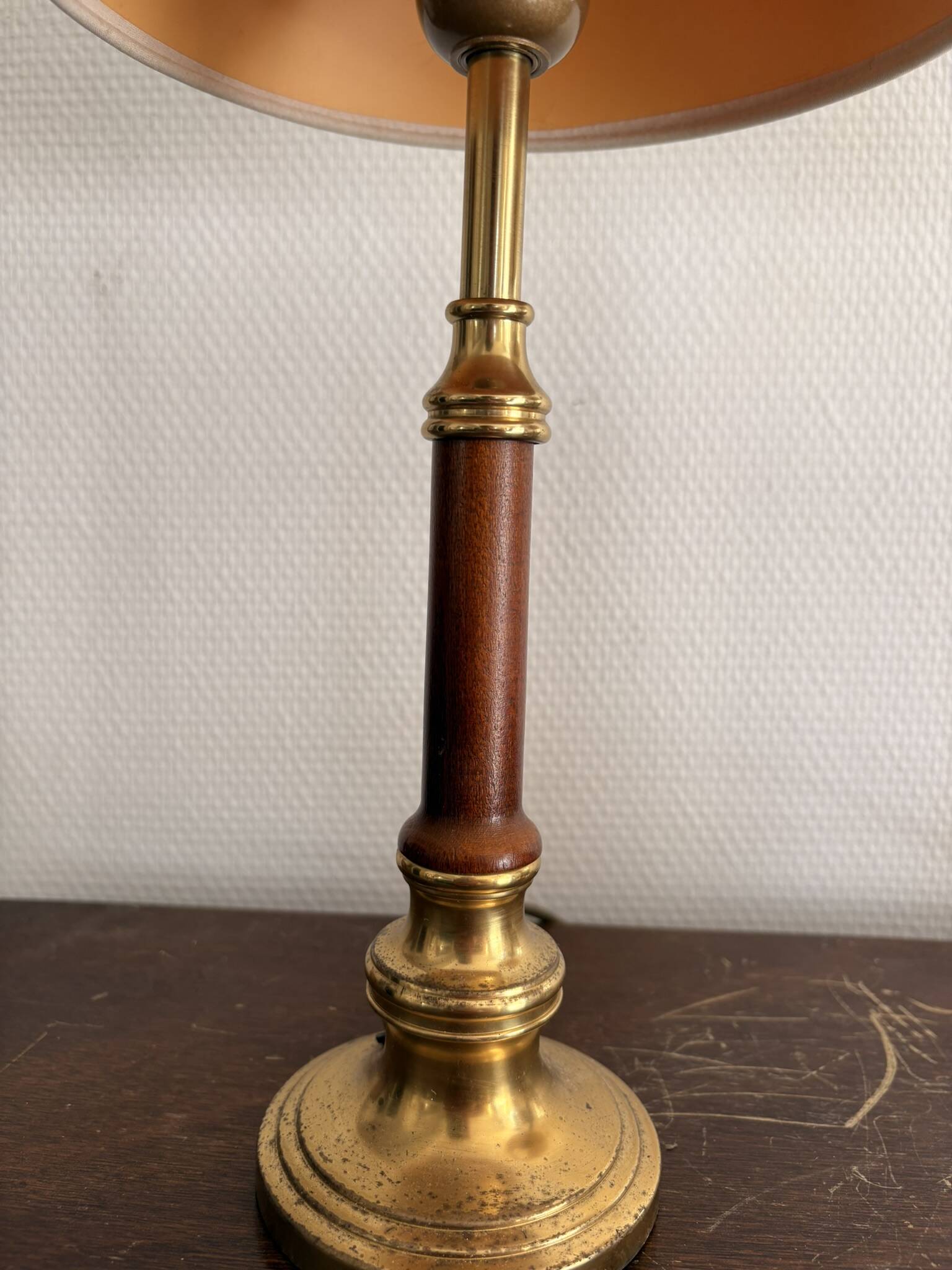 Pair of Brass-Gilded Bouillotte Lamps Vintage Wood Neo-Classical Shade