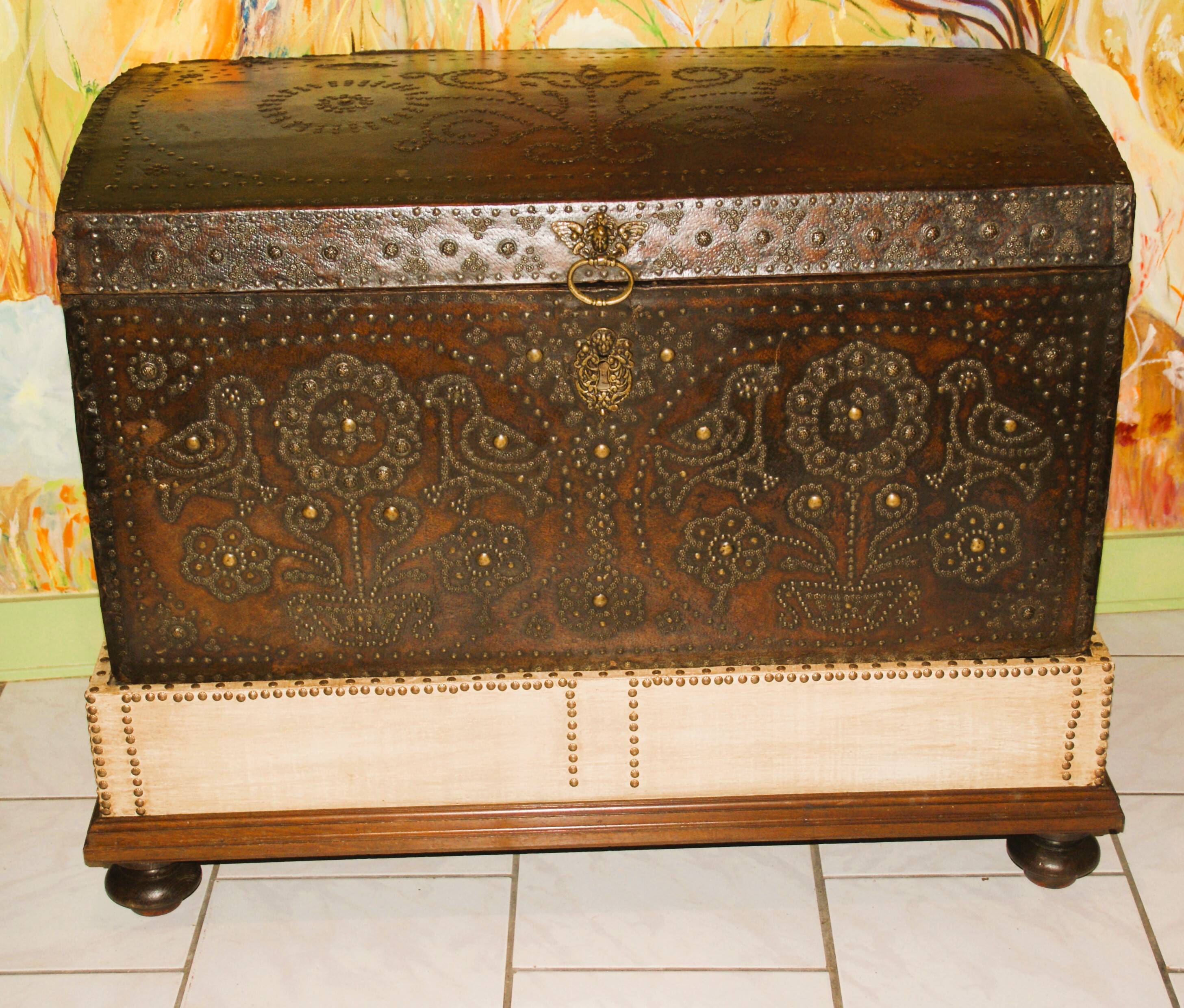 17th century studded leather travel trunk, richly decorated