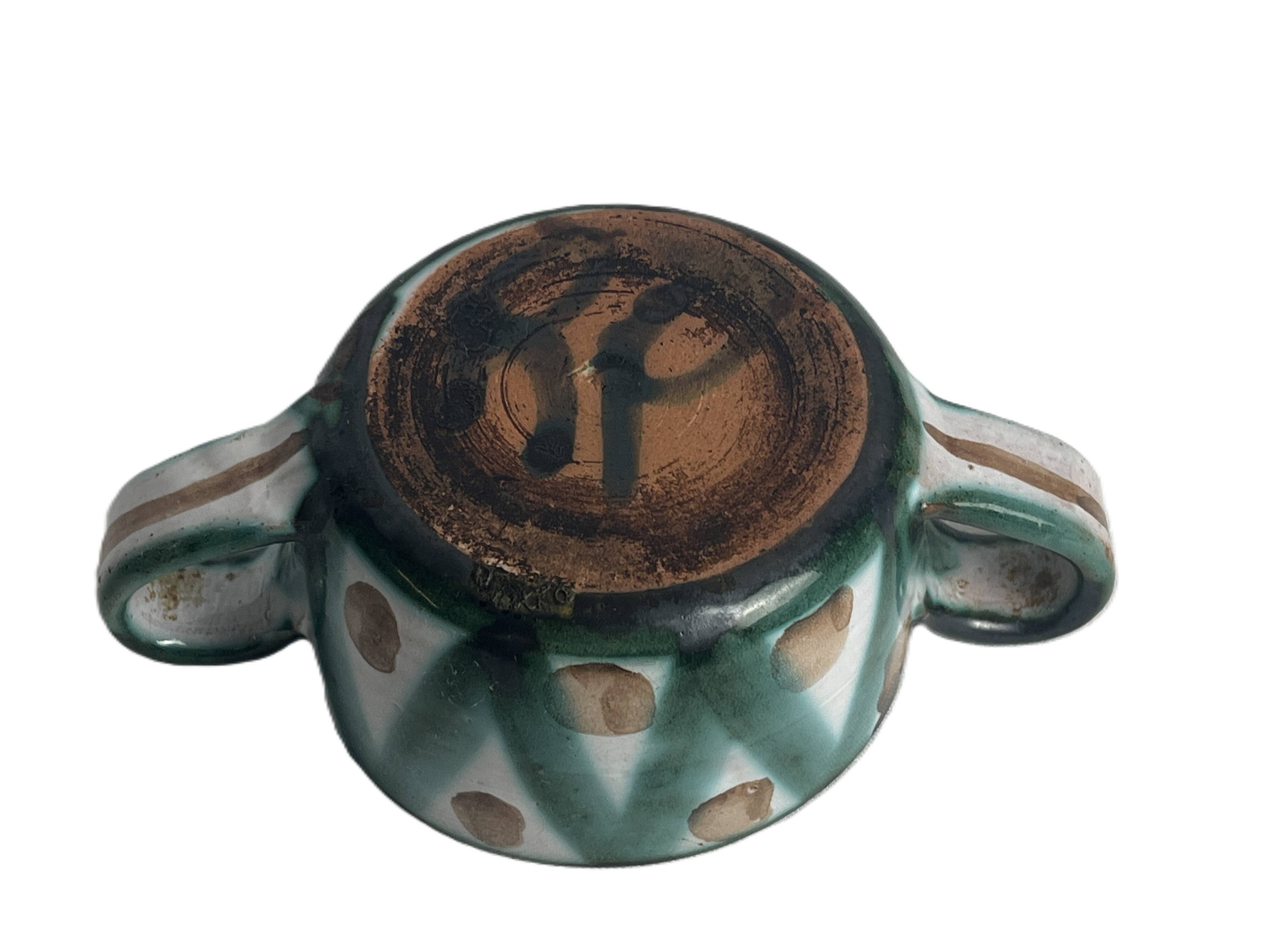 Robert Picault, bowl with two handles, polychrome earthenware, 20th century.