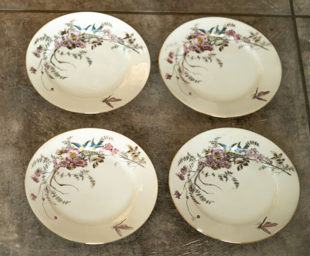 4 Dessert plates country décor birds and mosquitoes