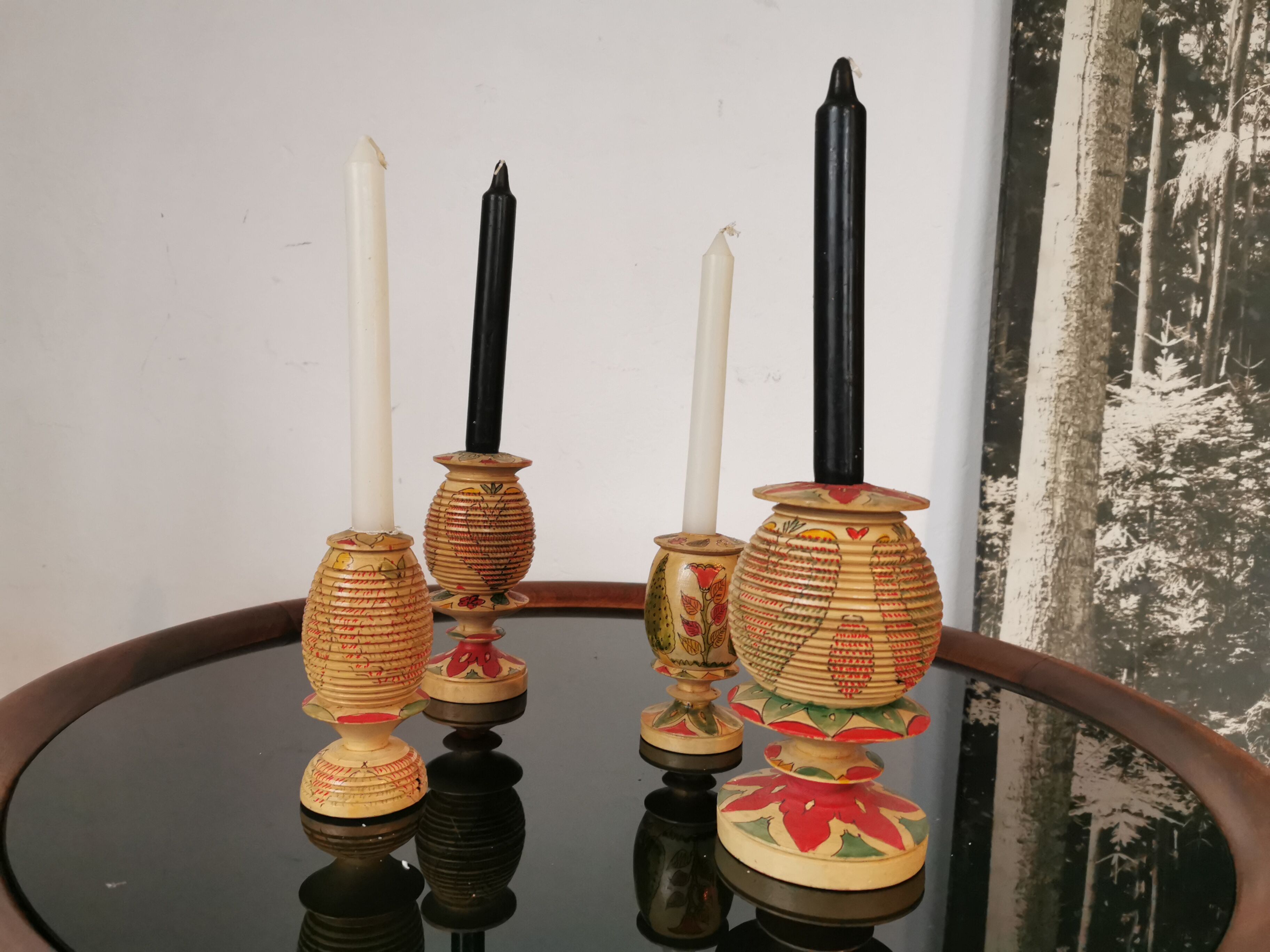Set of 4 turned wooden candle holders