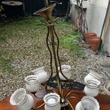 Vintage Lustre Brass and Frosted Glass with White and Gold Large Grains 8 Lights