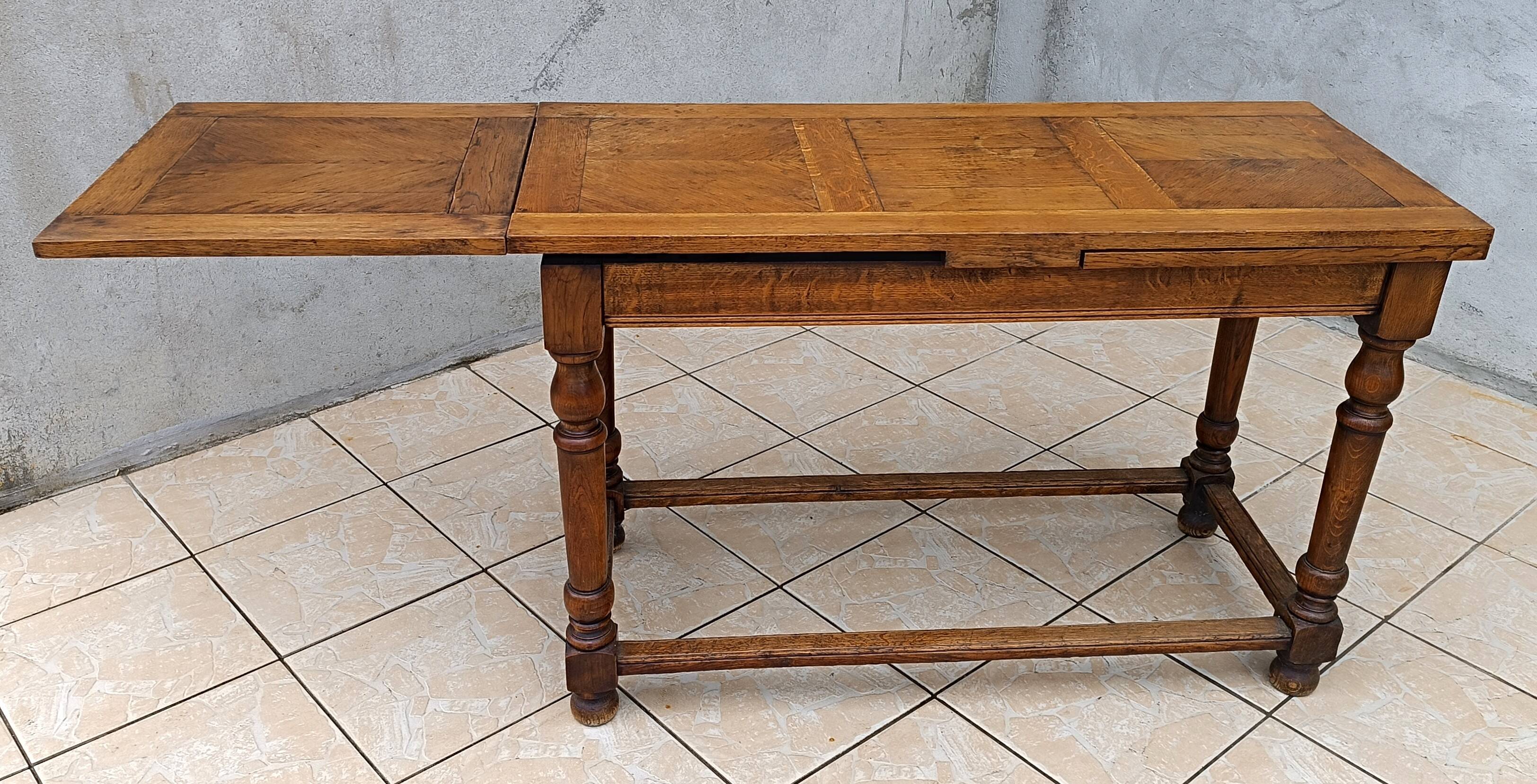 Table console rustique à rallonges en chêne début 20ème
