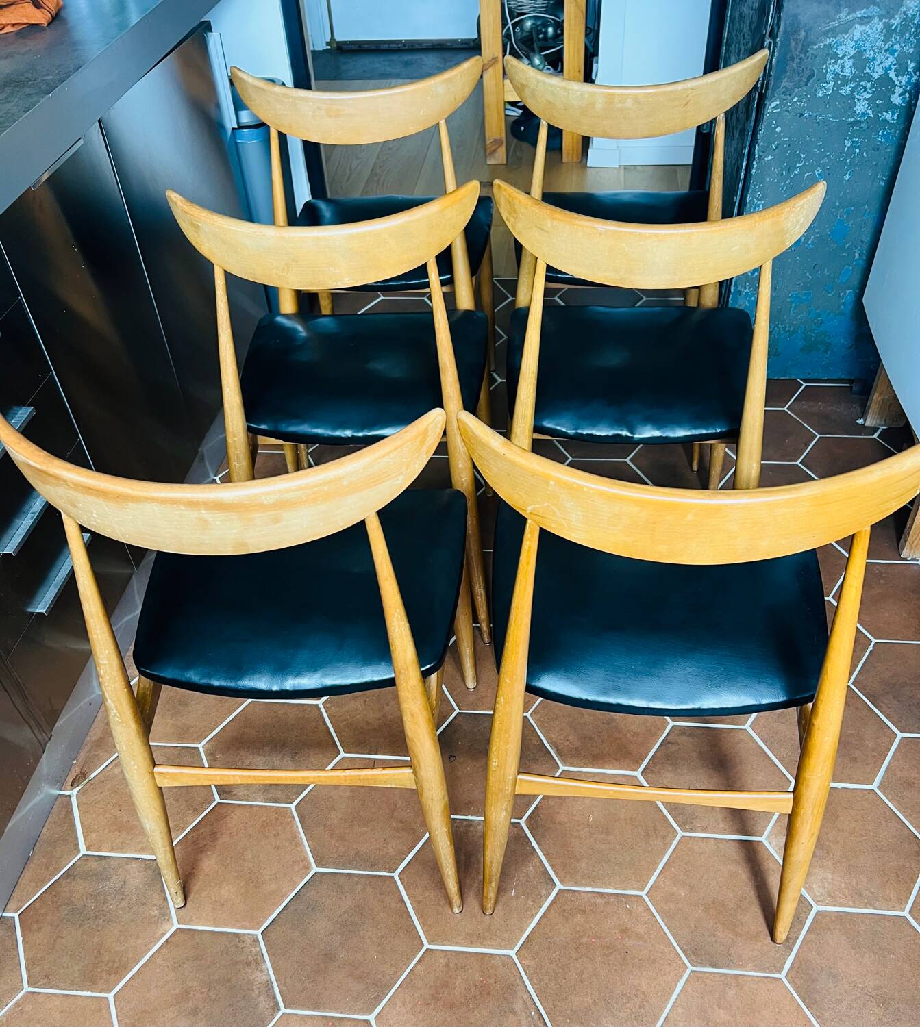 Set of 6 Vintage 1960s Scandinavian Chairs in Beech and Black Leatherette