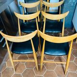 Set of 6 Vintage 1960s Scandinavian Chairs in Beech and Black Leatherette
